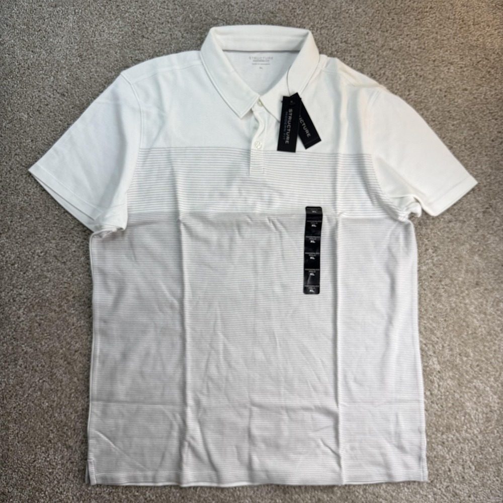 Structure Polo Shirt Mens XL White Stripe Cotton Jersey Short Sleeve Modern Fit